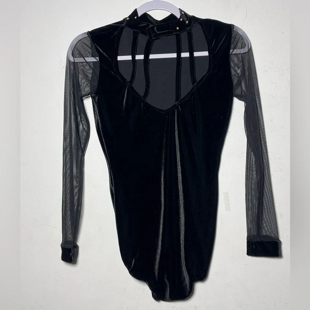 Carol Dupuis Jazz Skin Black Velvet Mesh Sleeve Rhinestone Leotard Bodysuit used